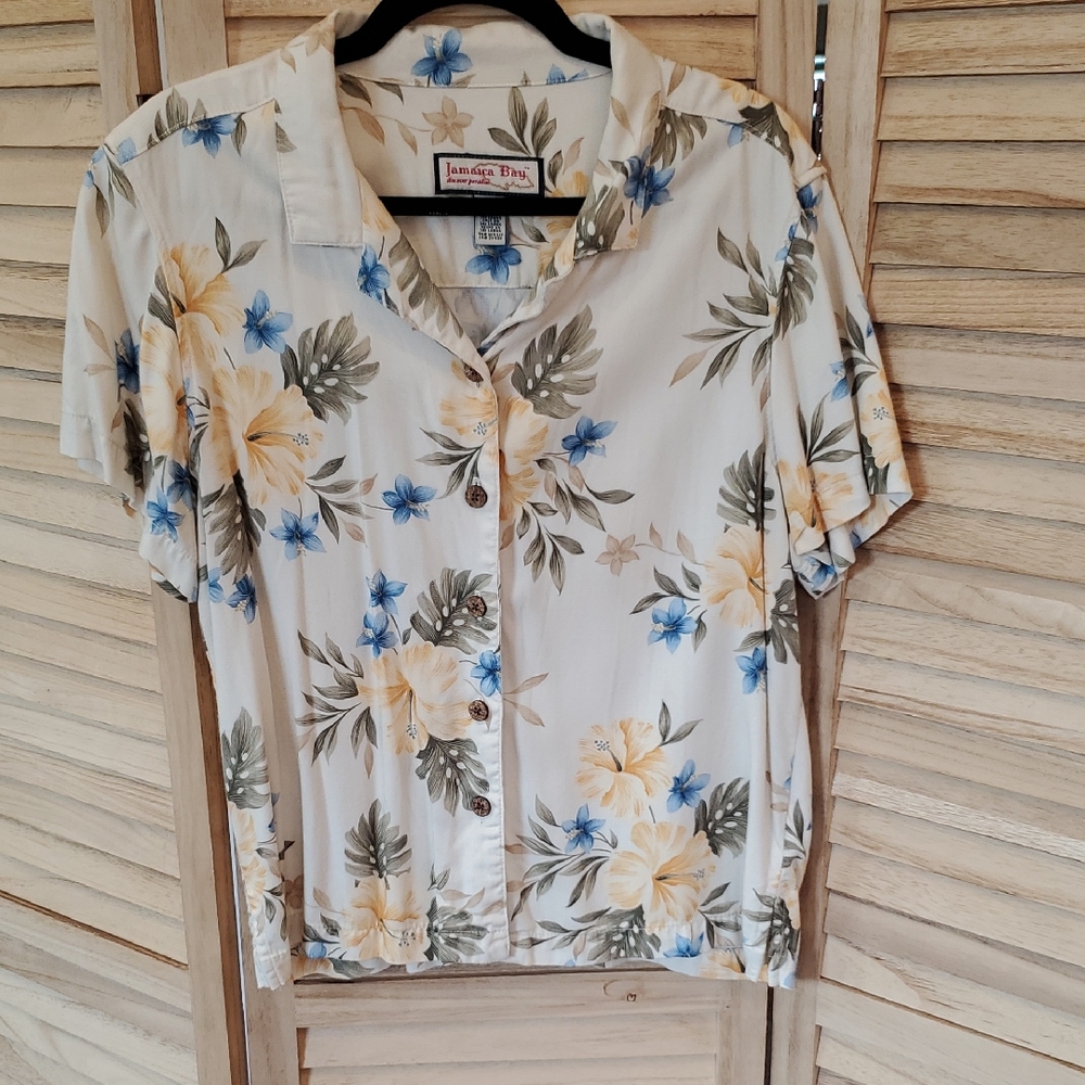 Vtg Jamaica Bay Women's Tropical Print button down Short sleeve Shirt Sz L